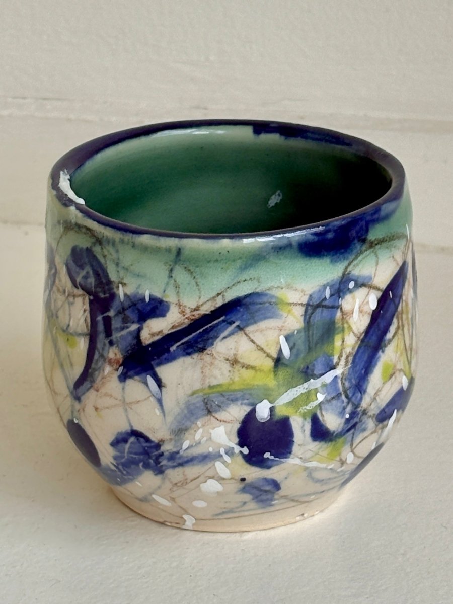 Teal, Navy, Cream & Highlighter Yellow Glazed Interior Decorative Vase (Multiple Styles) - Made X Hudson