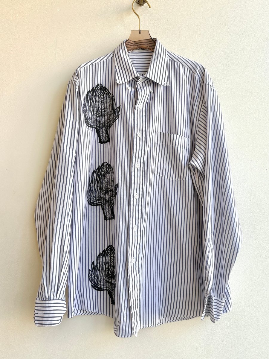 "Sandy” White & Blue Stripe Artichoke Print Shirt (Reworked) - Made X Hudson