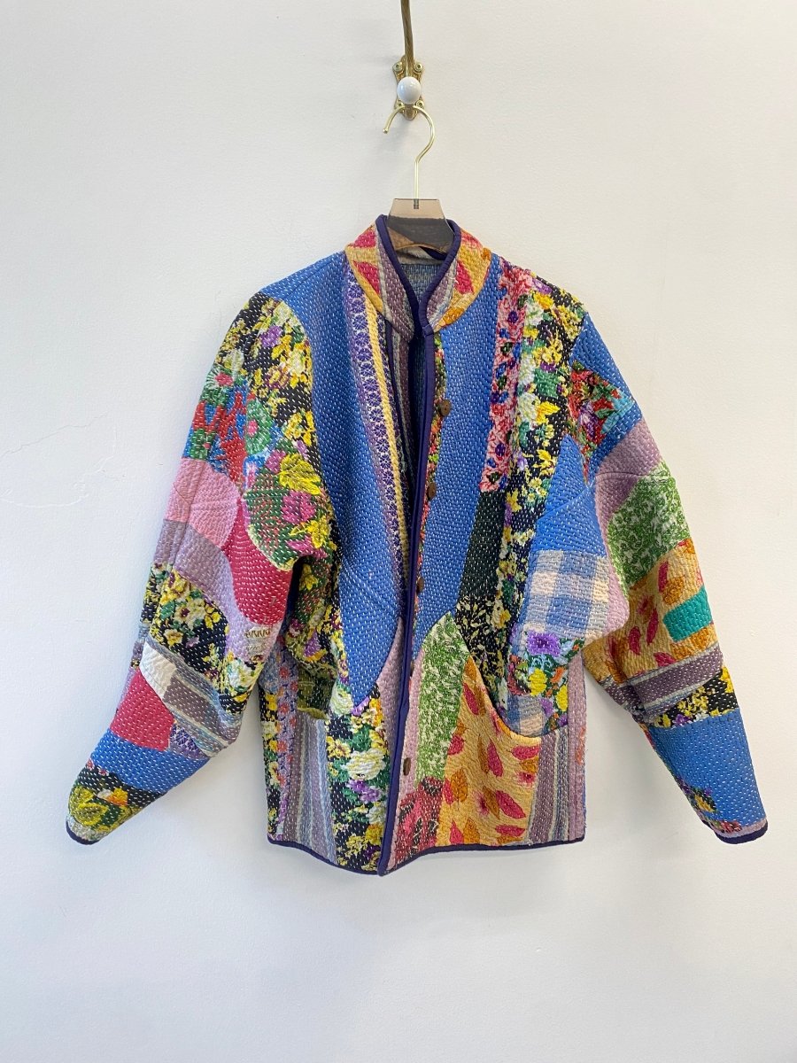 Reversible Ladhiya Quilted Jacket in Colors Blue, Teal, Navy, Cream & Blue, Floral Patches, Lavender, Red - Made X Hudson