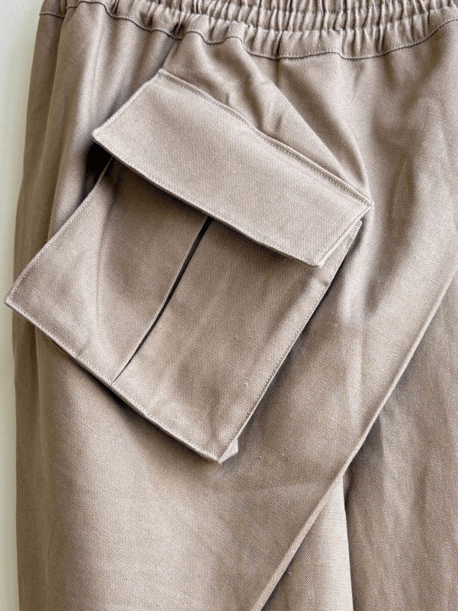 Tan Cotton Canvas Draped Cropped Jogger Pants w/ Patch Pocket - Made X Hudson