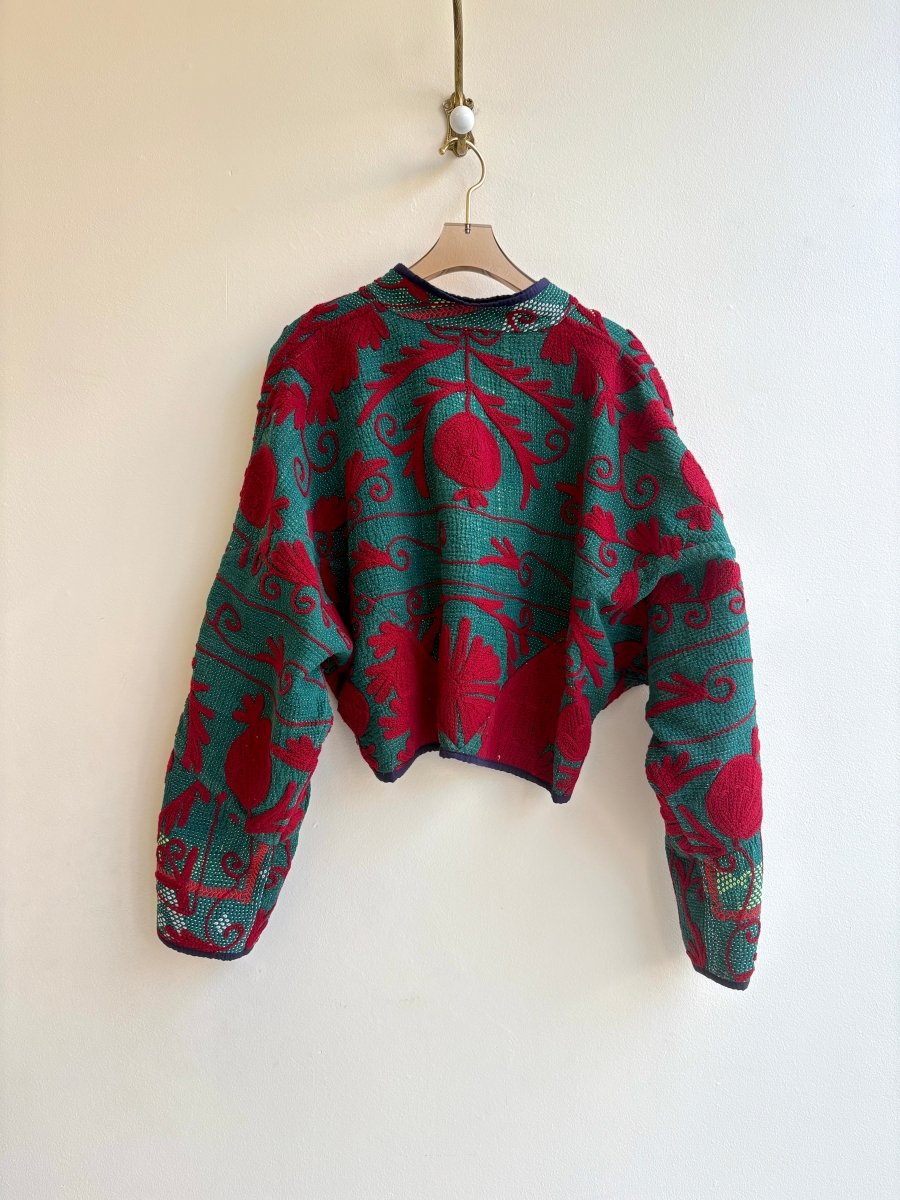 Reversible Kaira Suzani Quilted Cropped Jacket in Colors Grey, Maroon & Green, Marinara - Made X Hudson