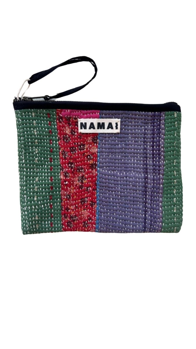 Biju Vintage Kantha Quilted Zipper Pouch in Colors Green, Red Floral Patchwork, Purple - Made X Hudson