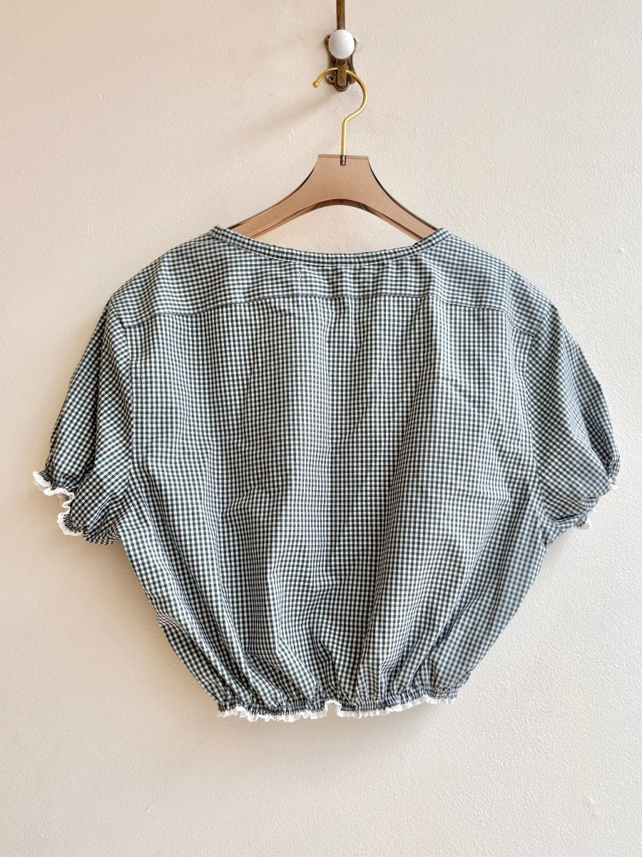 The Henry Top | Green Checkered Cap Sleeve w/ Smocked Waist & Eyelet Trim (Reworked) - Made X Hudson
