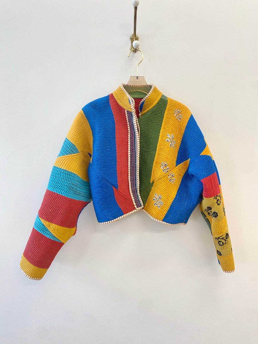 Reversible Kaira Quilted Cropped Jacket in Colors Blue, Yellow, Red, Green w/ Black & White Flowers & Red, Sage Green, Purple & Mustard Floral Patchwork - Made X Hudson
