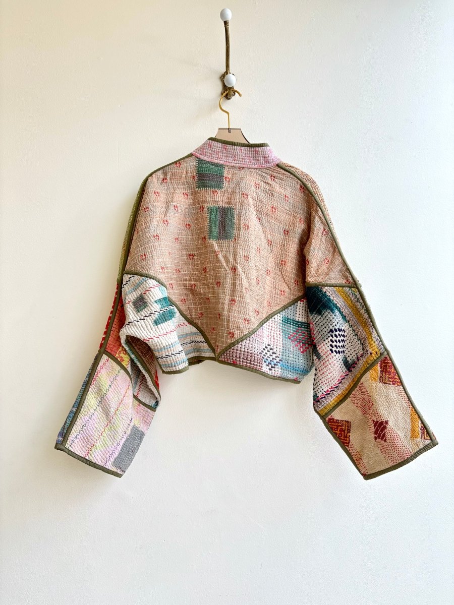 Reversible Kaira Quilted Cropped Jacket in Colors Green, Tan, Pink, Red, Blue, Orange & Mauve, Tan, Blue, Mustard - Made X Hudson