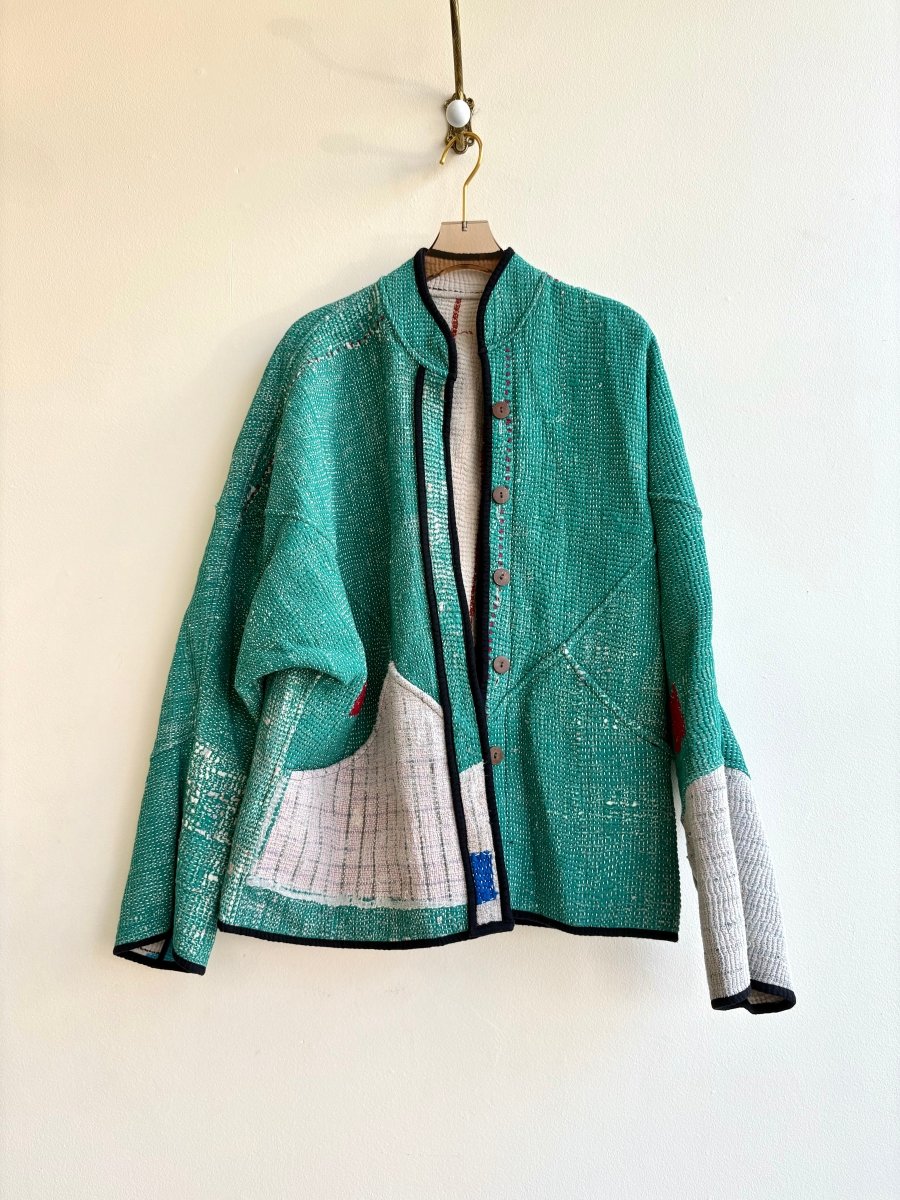 Reversible Ladhiya Quilted Jacket in Colors Cream w/ Multi Patchwork & Turquoise, Cream - Made X Hudson