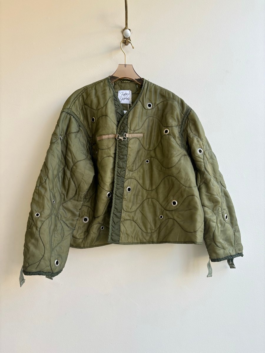 Olive Green Army Liner Quilted Coat w/ Silver Grommets & Clasp (Reworked) - Made X Hudson