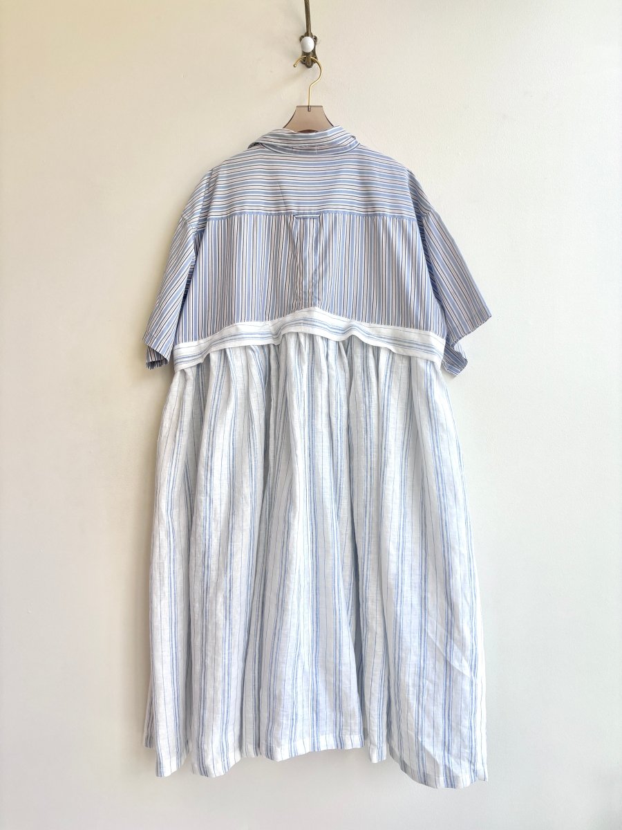 Empire Shirtwaist Dress in White, Custard, & Baby Blue Stripe with Powder Blue & Ocher Stripe Short Sleeve (Reworked) - Made X Hudson