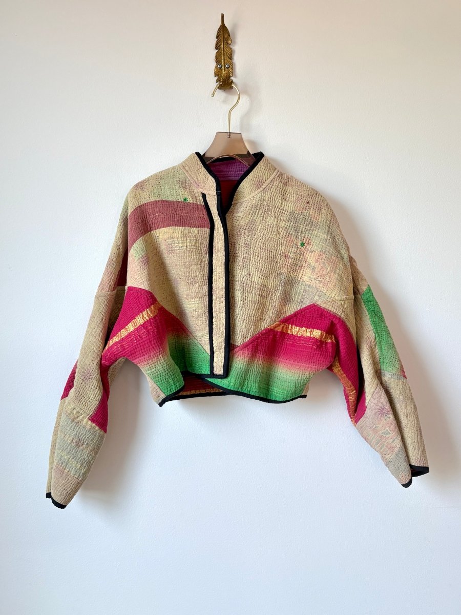 Reversible Kaira Quilted Cropped Jacket in Colors Purple, Pink, Green, Gold & Ecru, Mauve, Red, Green - Made X Hudson