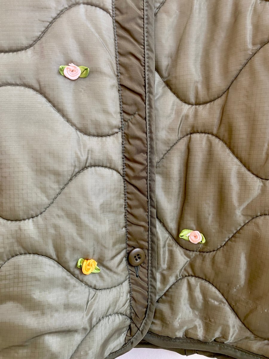 Olive Green Army Liner Quilted Coat w/ Multi - Colored Rosettes - Made X Hudson