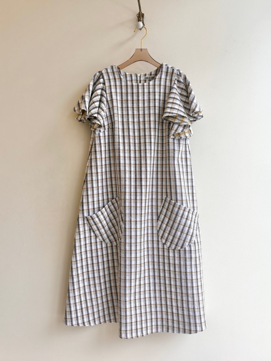 White, Gold, and Black Plaid Chore Dress with Flutter Sleeve - Made X Hudson