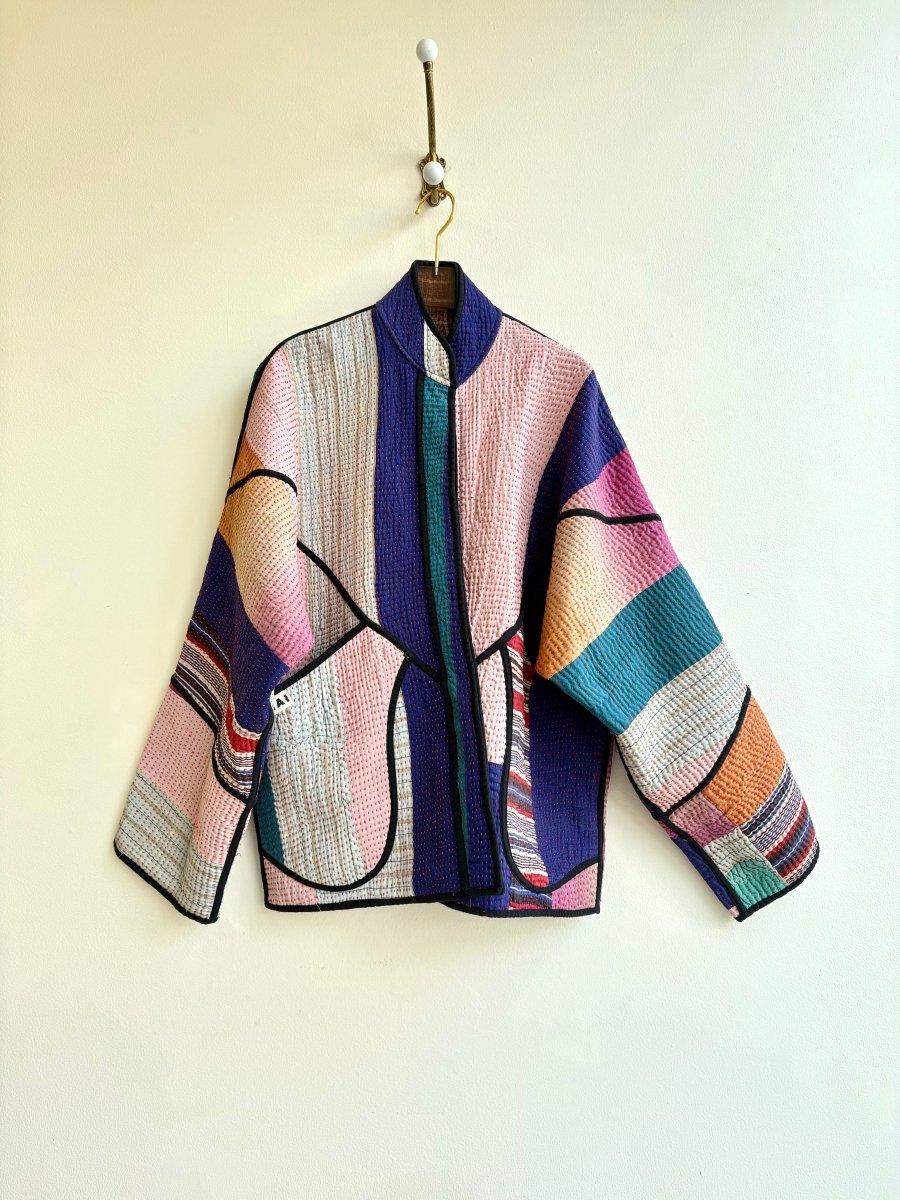 Reversible Ladhiya Quilted Jacket in Colors Purple, Pale Pink, Orange, Teal & Brown, Blue, Cream Stripes - Made X Hudson
