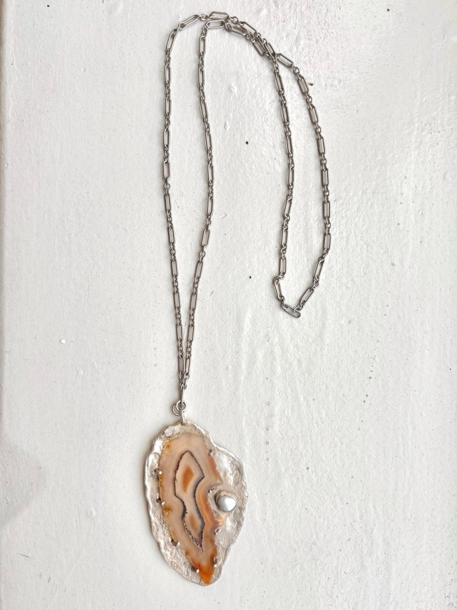 Agate & Fresh Water Pearl Stone Set Sterling Silver Pendant Necklace - Made X Hudson