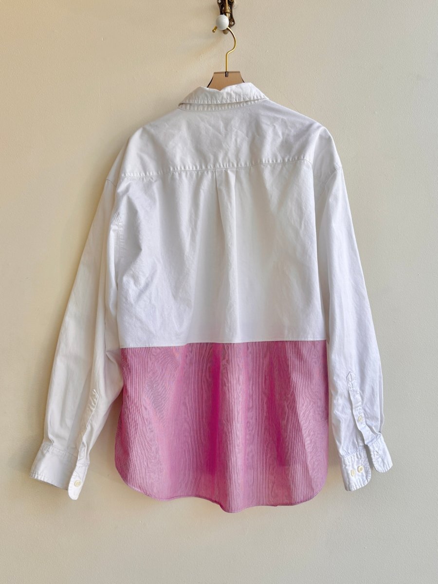 Two - Tone White & Micro Stripe Red Button Down with Embroidered Rose on Chest (Reworked) - Made X Hudson