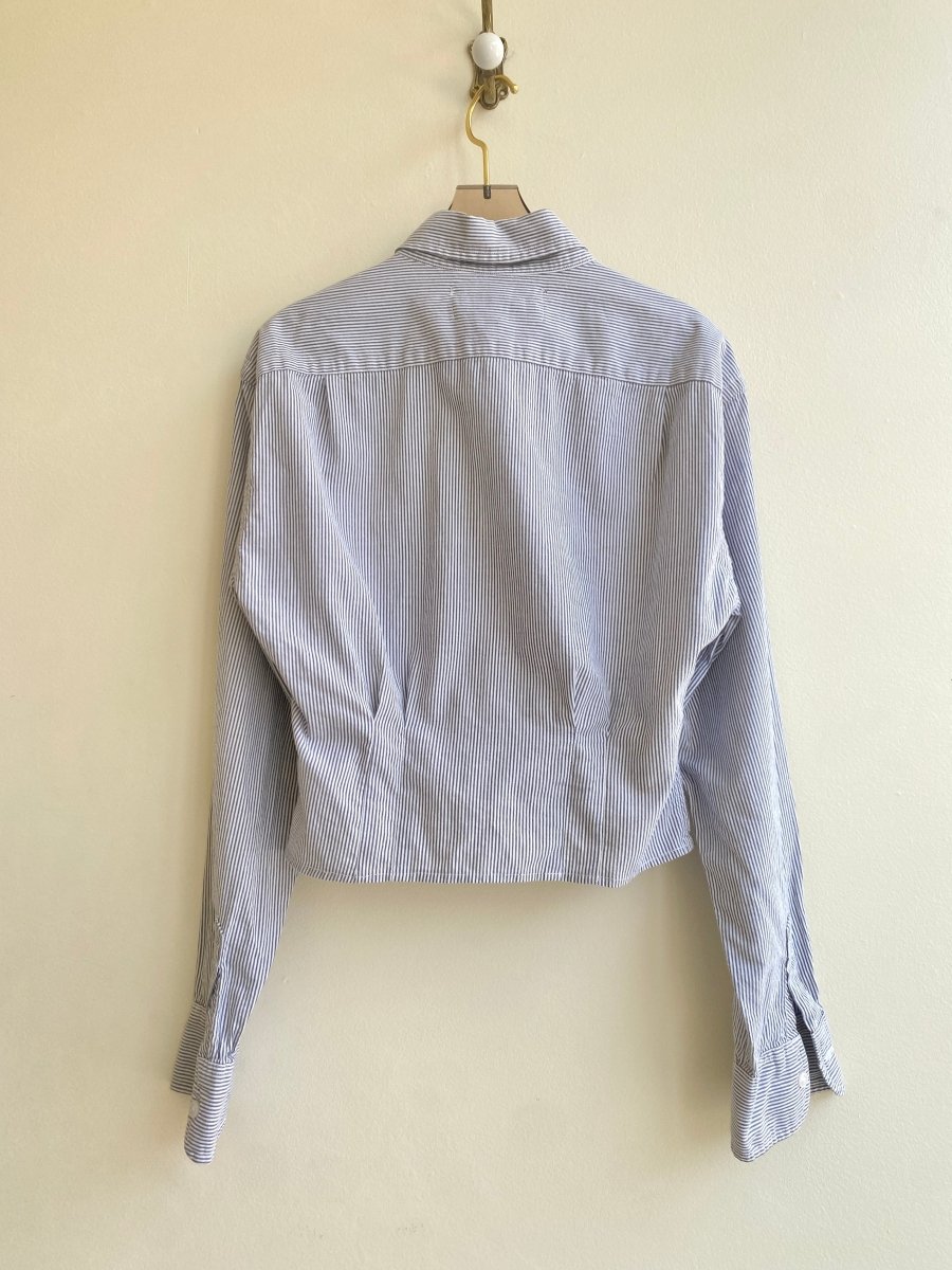 The Kevin Top | Grey/Blue Pinstripe Seersucker Button Down Top w/ Gathered Waist (Reworked) - Made X Hudson