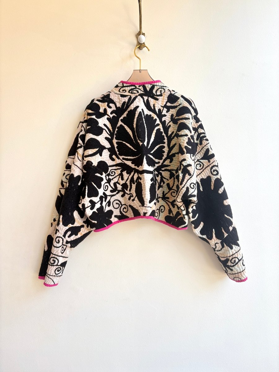 Reversible Suzani Quilted Cropped Jacket in Colors Deep Lavender, Purple, Black & Ecru, Light Seafoam, Black - Made X Hudson