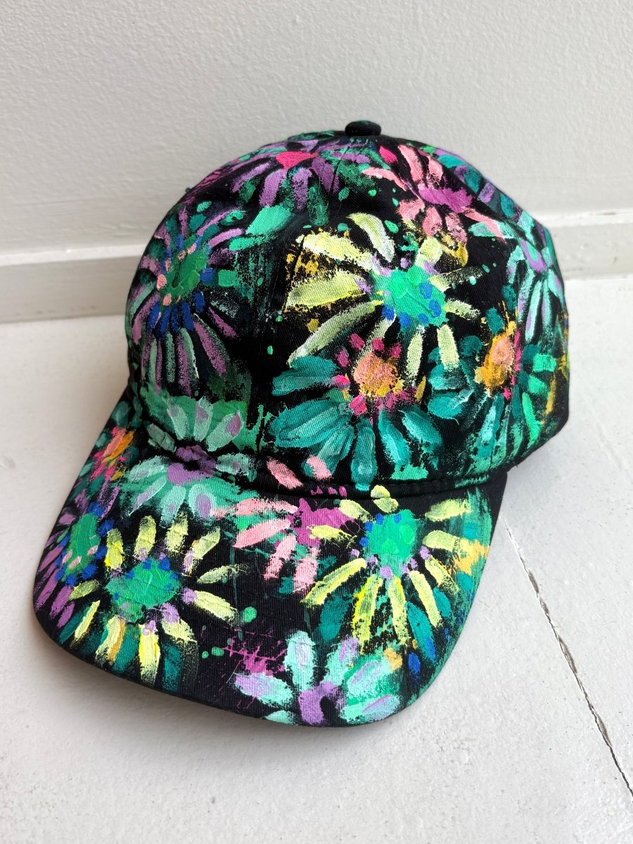"Ivy" Black Baseball Cap w/ Lime Neon Flowers | Hand Painted - Made X Hudson
