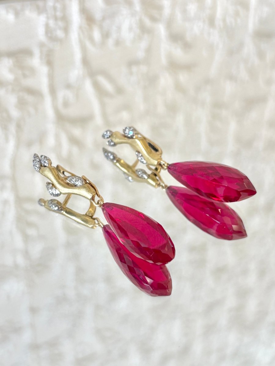 18K Gold Diamond & Red Corundum Stone Dangle Earrings - Made X Hudson