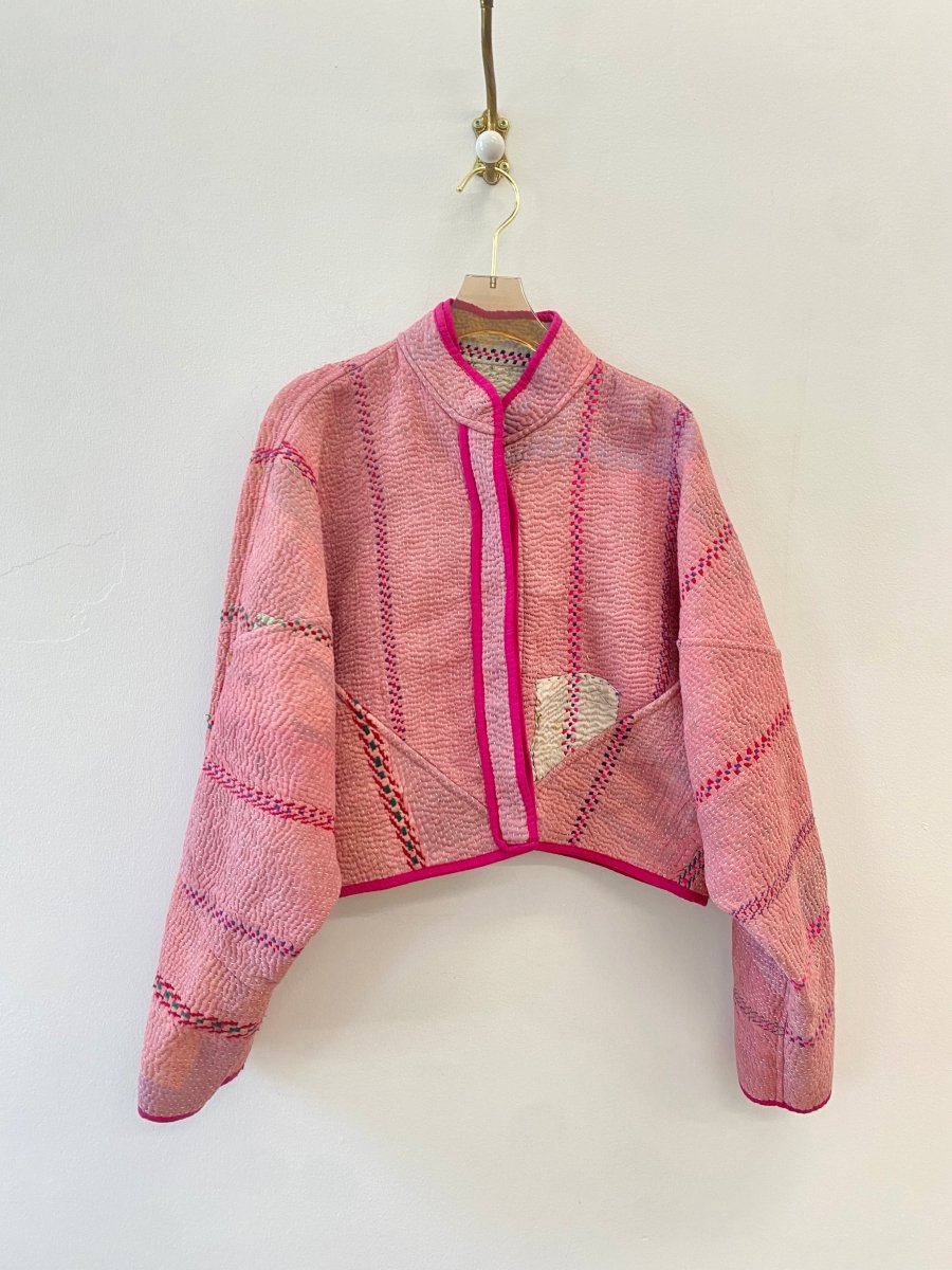 Reversible Kaira Quilted Cropped Jacket in Colors Hot Pink w/ Green, Red, Purple Embroidered Stripes & Beige w/ Purple, Red, Green, Hot Pink Embroidered Stripes - Made X Hudson