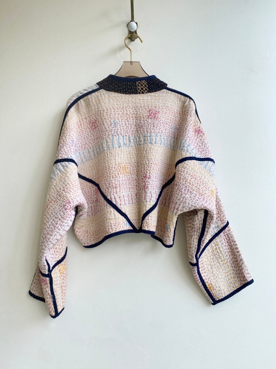 Reversible Kaira Quilted Cropped Jacket in Colors Cream w/ Pastel Embroidery & Black w/ Pastel Embroidery - Made X Hudson