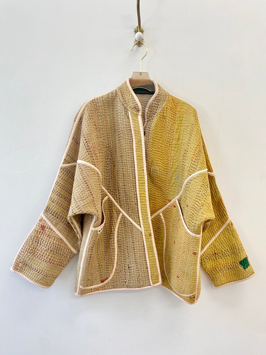 Reversible Ladhiya Quilted Jacket in Orange Floral Patchwork, Red Plaid, Green, Tan & Mustard, Tan - Made X Hudson