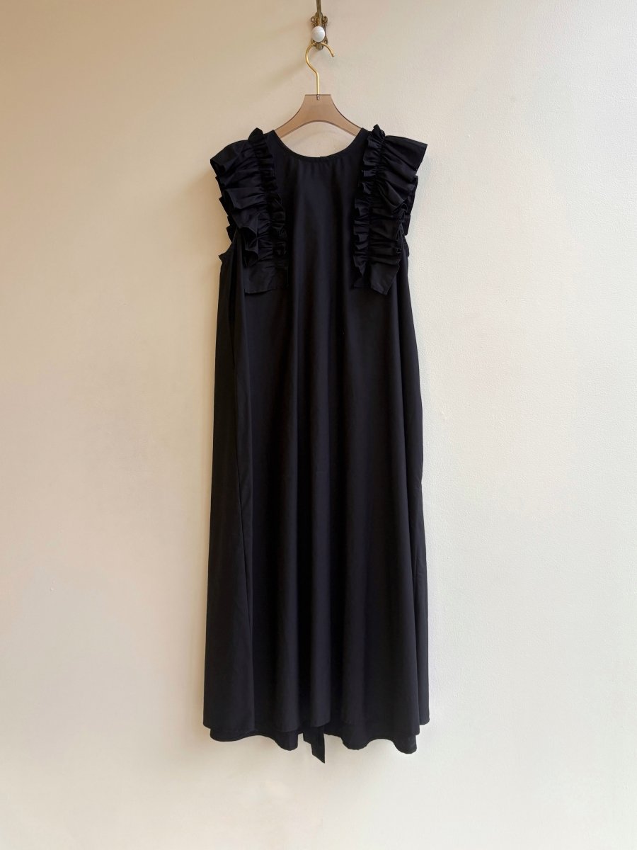 Black Sleeveless Cotton Aria Ruffle Dress w/ Belt - Made X Hudson