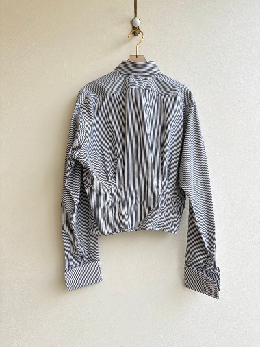 The Kevin Top | Grey & White Pinstripe Button Down Top w/ Gathered Waist (Reworked) - Made X Hudson