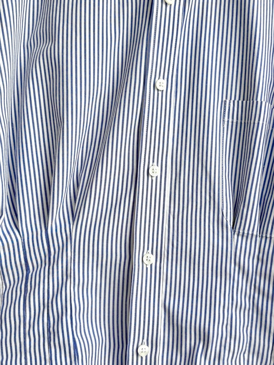 The Kevin Top | Blue & White Pinstripe Button Down Top w/ Gathered Waist (Reworked) - Made X Hudson