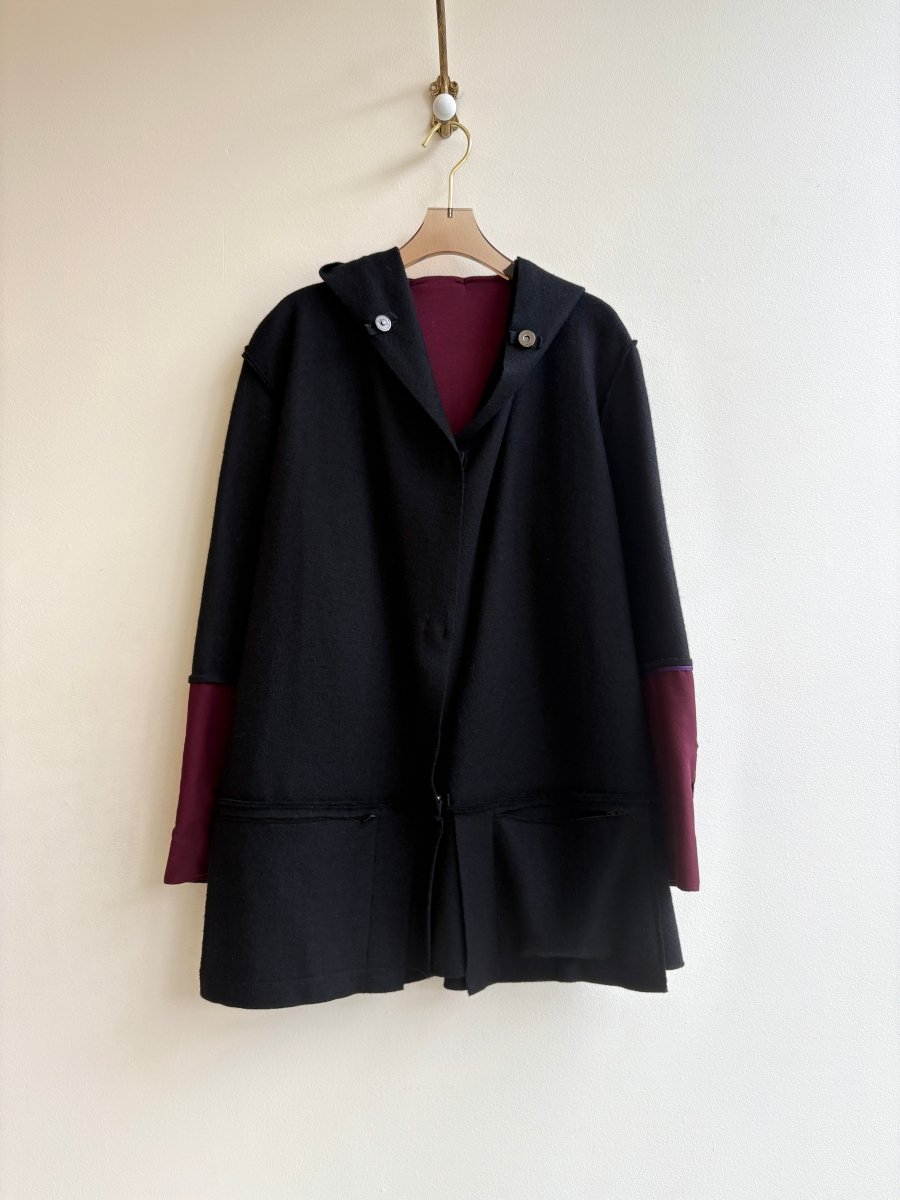 Black & Burgundy | Wool Hooded Over Coat w/ Pockets - Made X Hudson