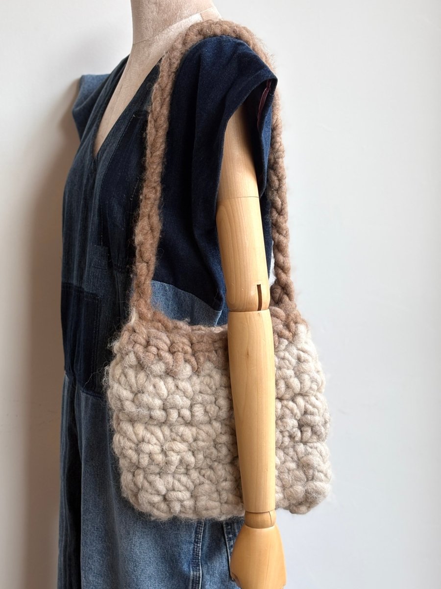 Cream and Brown Wool Fiber Handmade Crochet Bag - Made X Hudson