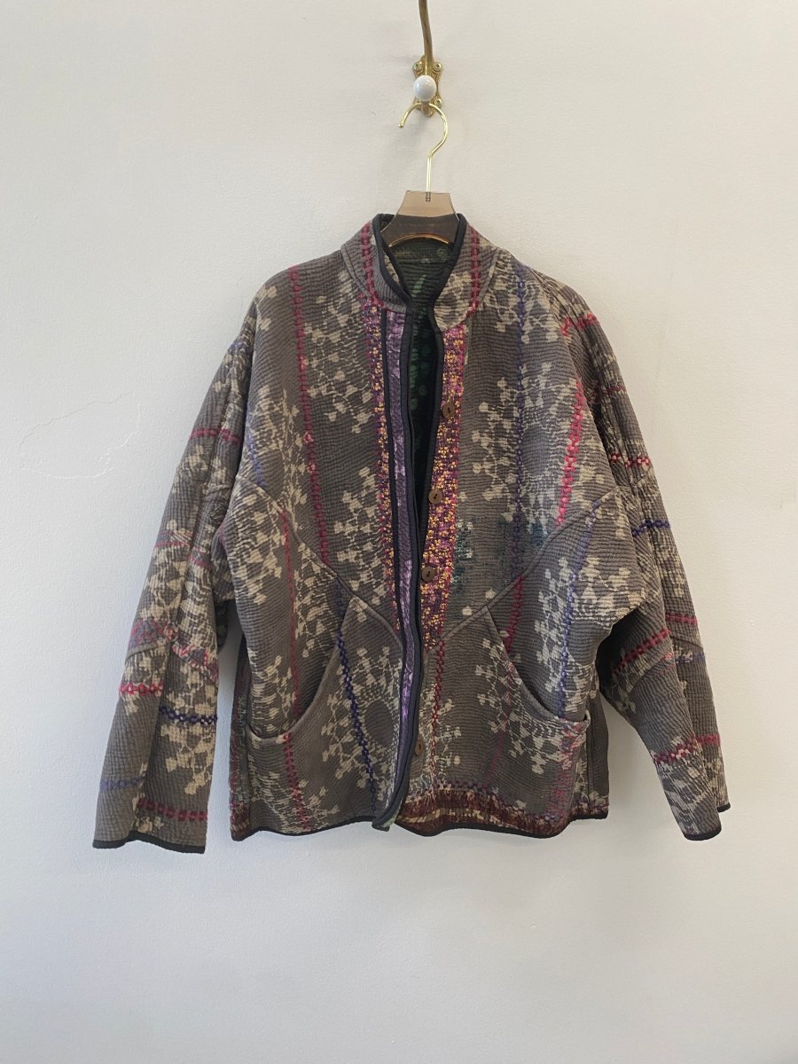 Reversible Ladhiya Quilted Jacket in Colors Taupe, Black, Fuchsia, Purple & Green - Made X Hudson