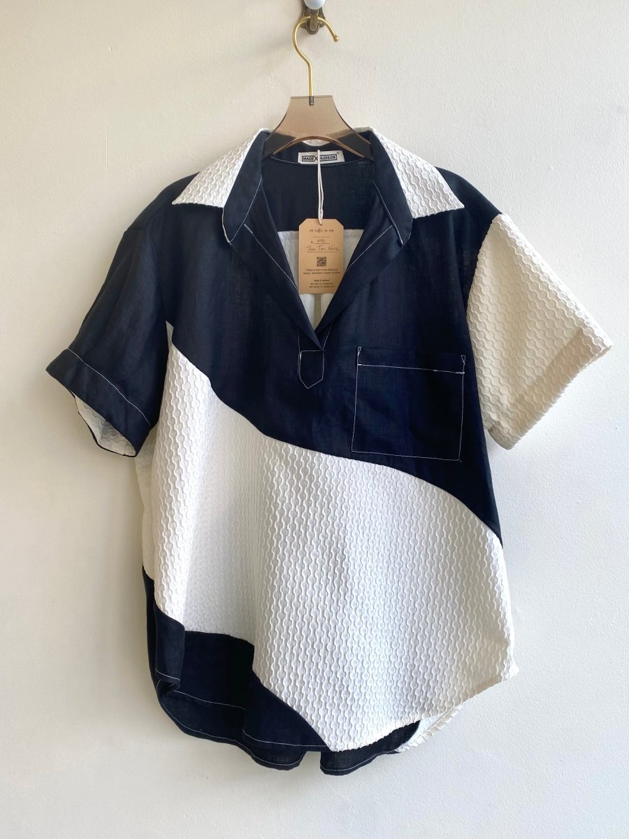 Two Tone Black Linen & White Novelty Deadstock Fabric Pocket Front Wave Shirt - Made X Hudson