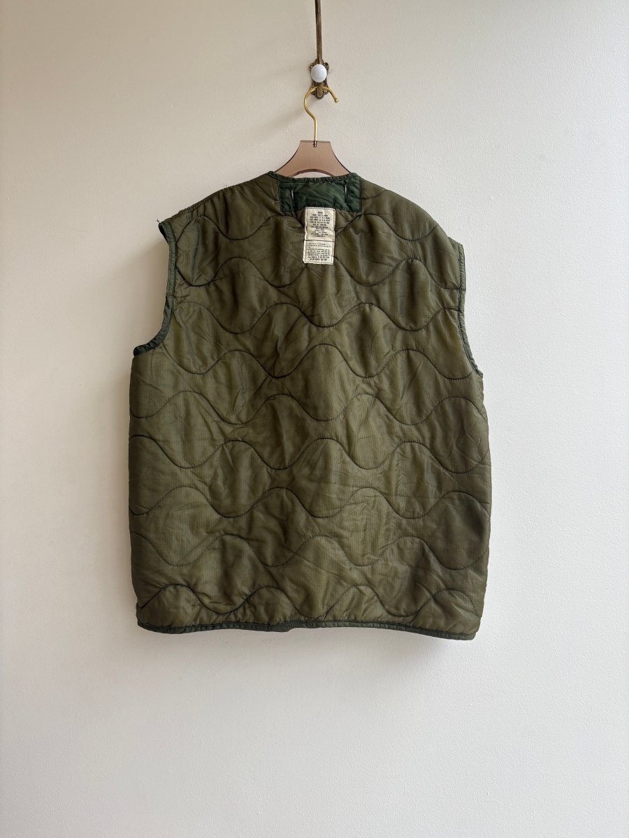 Olive Green Army Liner Quilted Vest w/ Offset Button Up & Pockets (Reworked) - Made X Hudson