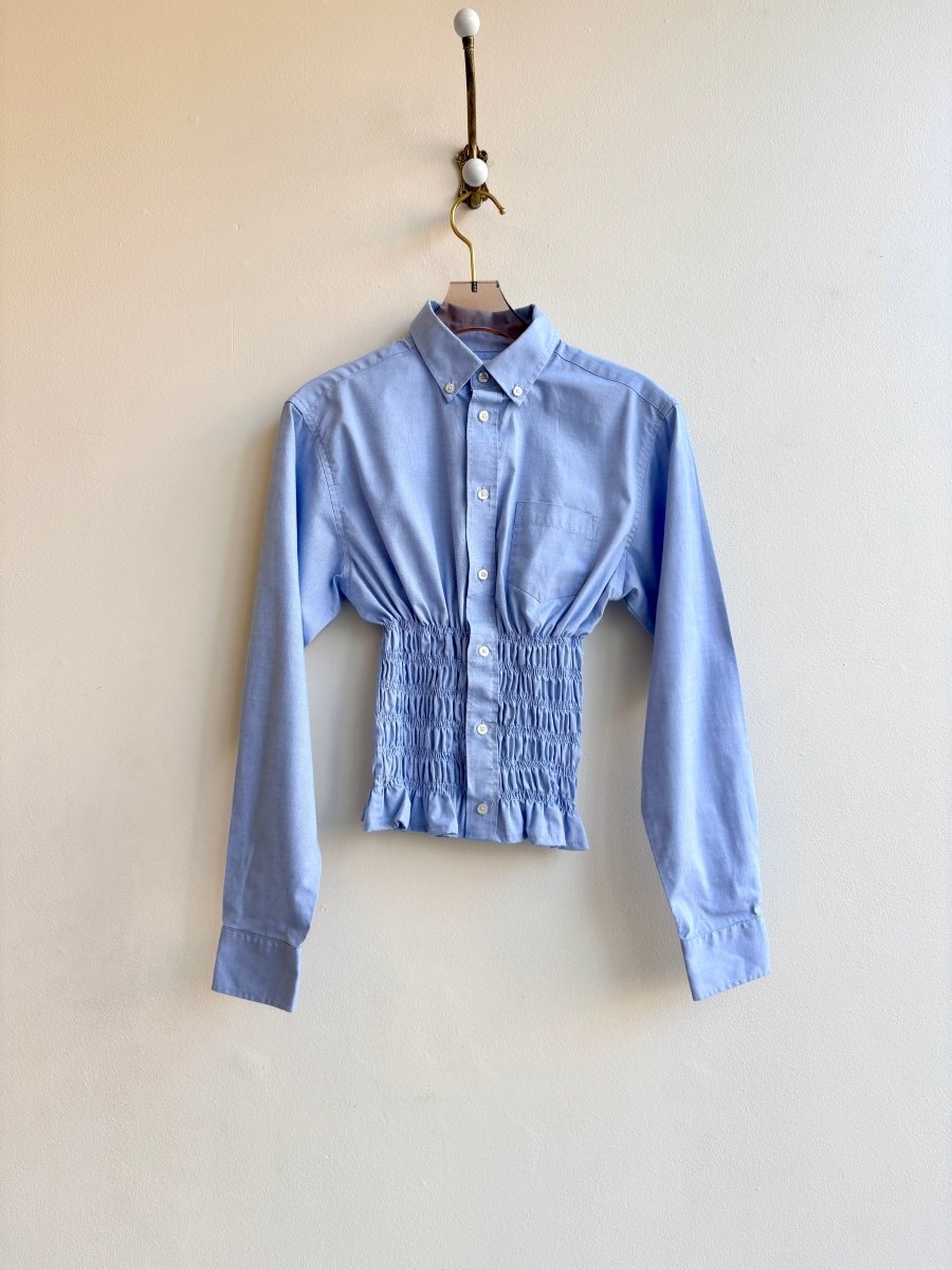 The George Top | Pale Blue Button Down Top w/ Smocked Waist (Reworked) - Made X Hudson