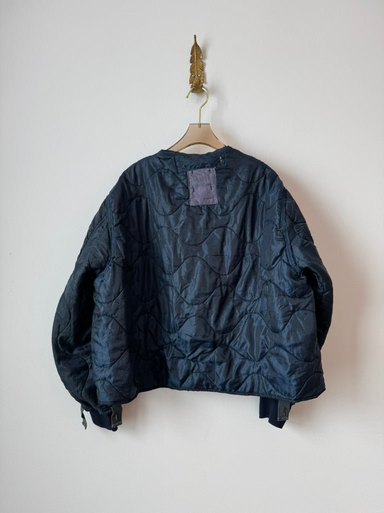 Deep Navy Army Liner Quilted Track Jacket w/ Navy Buttons, Red Striped Sleeves & Oversized Pockets (Reworked) - Made X Hudson