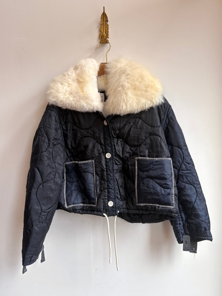 Navy Army Liner Quilted Coat w/ White Alpaca Fur Collar, White Buttons & White Drawstring (Reworked) - Made X Hudson