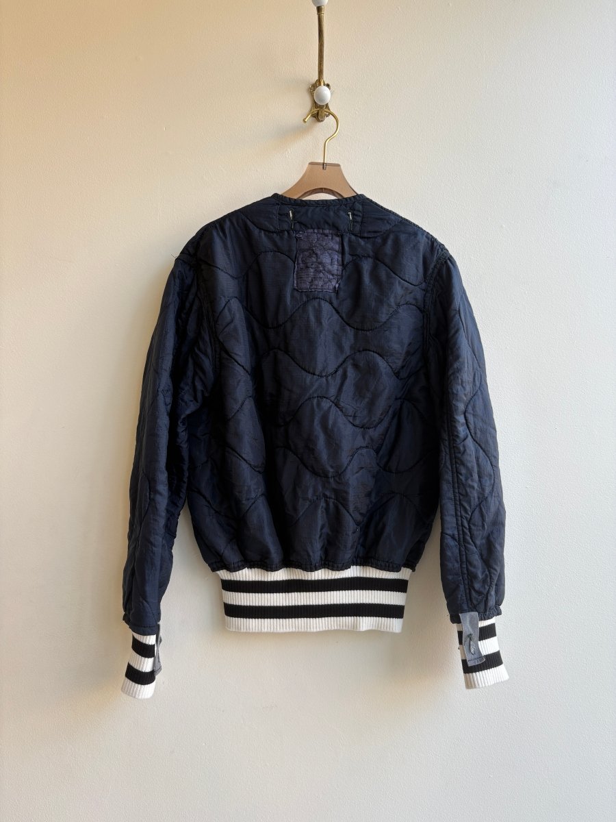 Navy Army Liner Quilted Coat w/ Pale Pink Zipper, Stripe Hem, & Silver Clasp (Reworked) - Made X Hudson