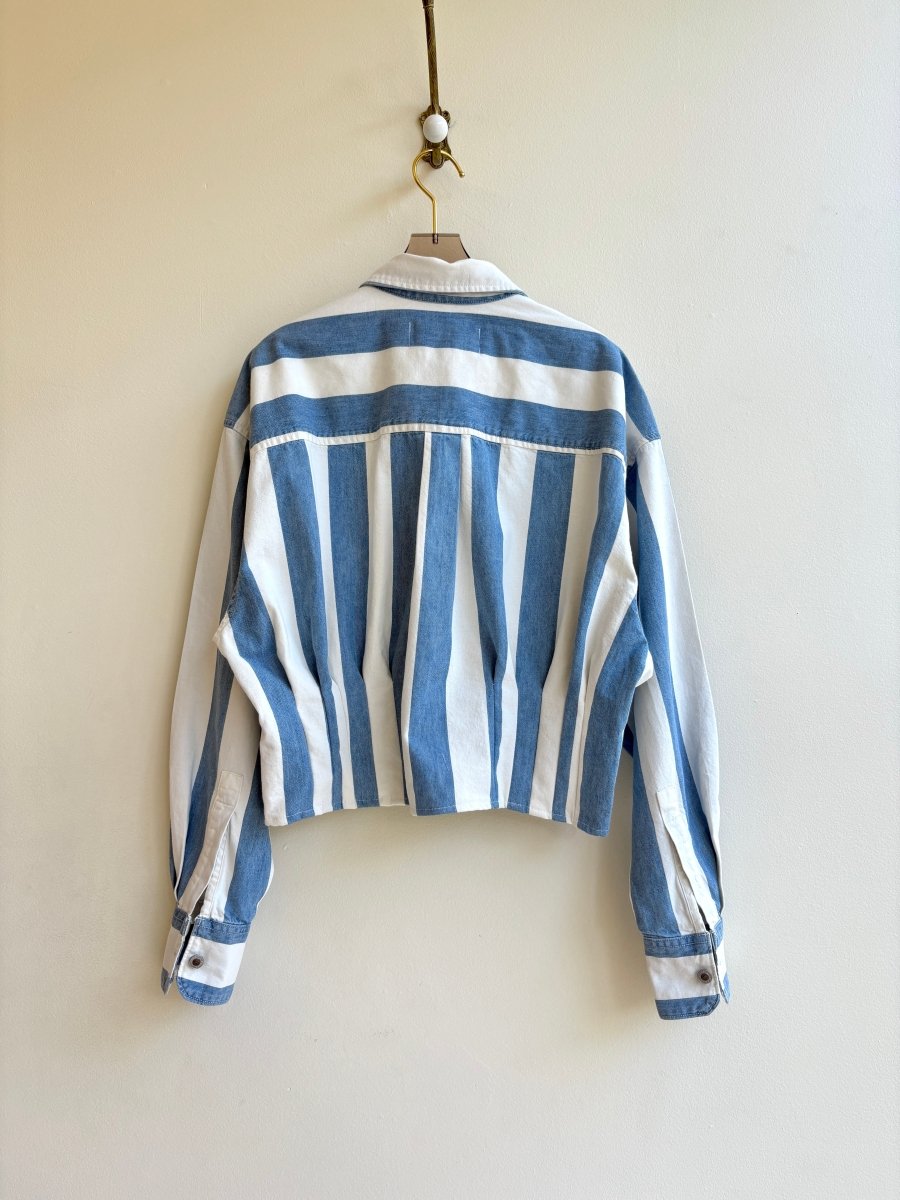 The Kevin Top | Blue & White Wide Stripe Denim Top w/ Gathered Waist (Reworked) - Made X Hudson