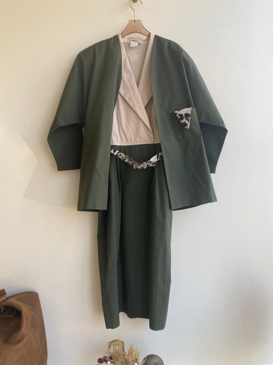 Olive and Camel Dress & Jacket Set /w Leopard Belt & Hanky (Vintage) - Made X Hudson