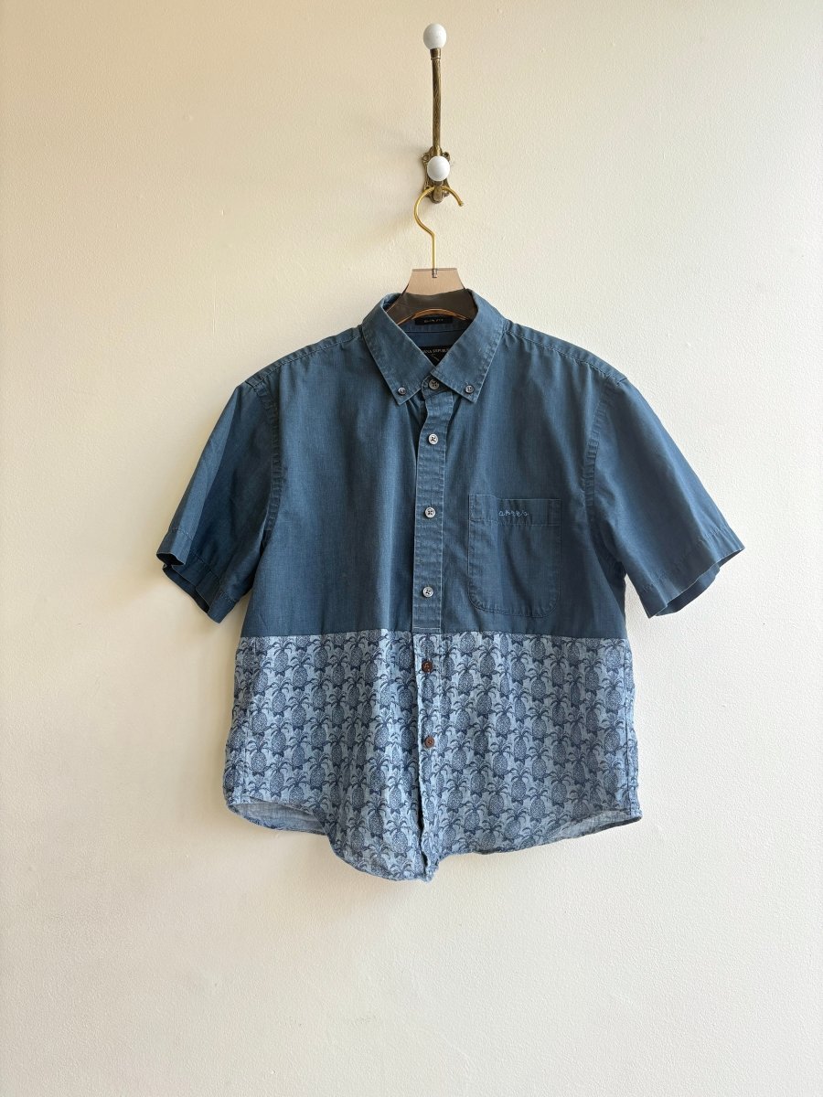 Two - Tone Blue and Pineapple Print Everyday Button Down Short Sleeve Top (Reworked) - Made X Hudson