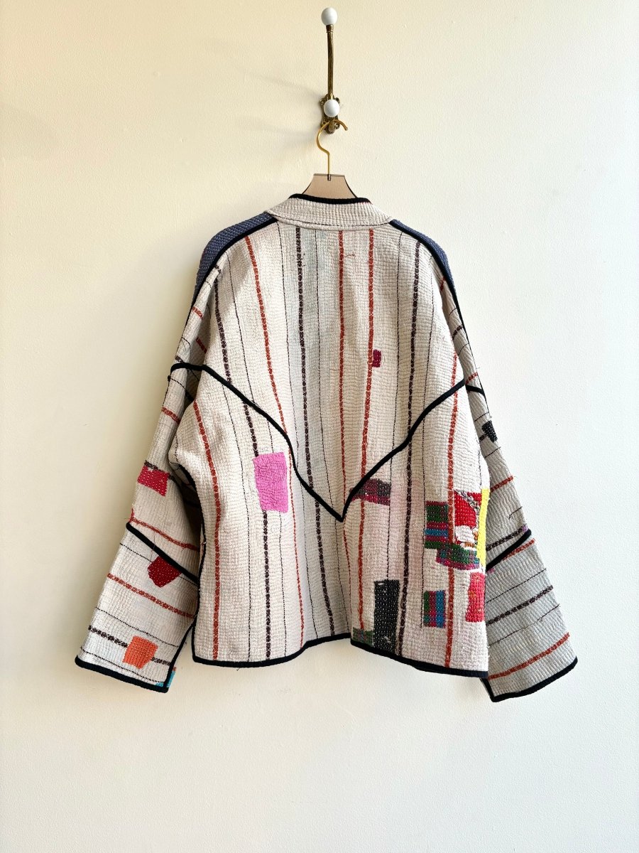 Reversible Ladhiya Quilted Jacket in Colors Cream w/ Multi Patchwork & Turquoise, Cream - Made X Hudson