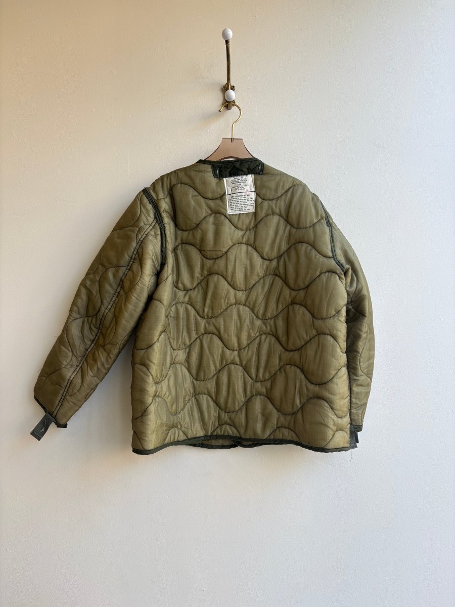 Olive Green Army Liner Quilted Coat w/ Tan Leather & Silver - Tone Clasps (Reworked) - Made X Hudson