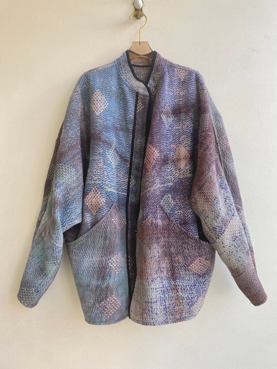 Reversible Ishani Quilted Jacket in Colors Mauve, Blue, & Purple w/ Flower Embroidered Patch - Made X Hudson