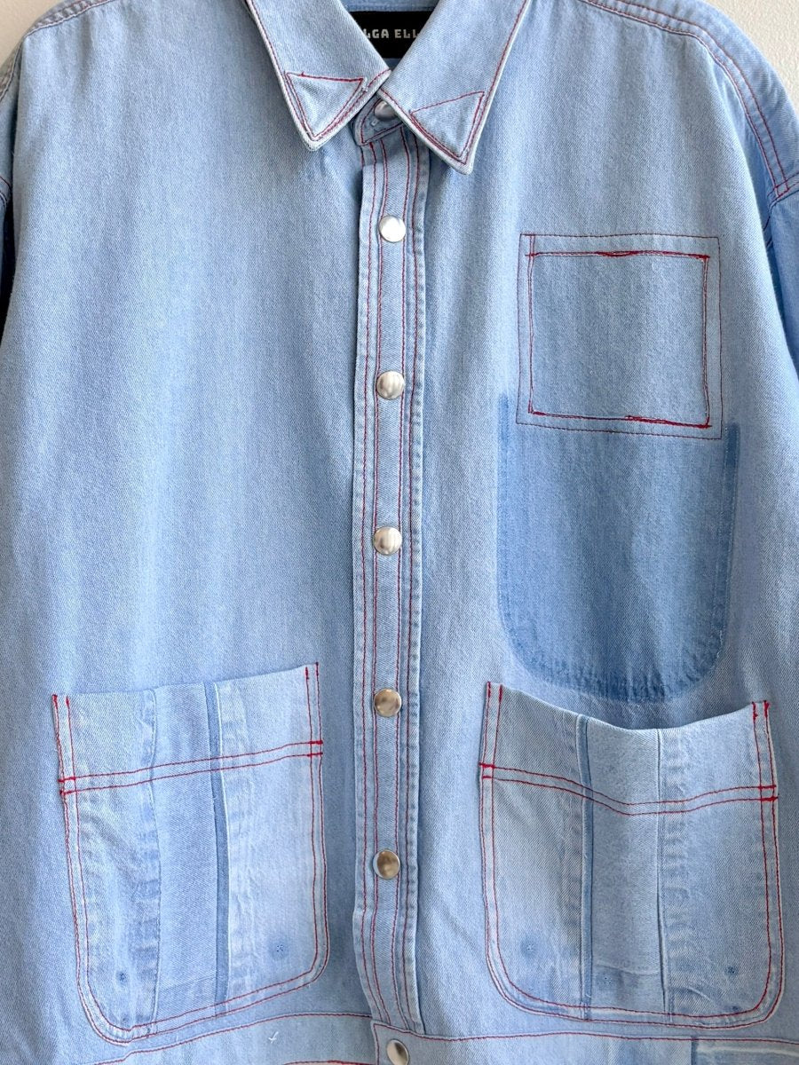 Red Top - Stitch Denim Shirtjacket (Reworked) - Made X Hudson