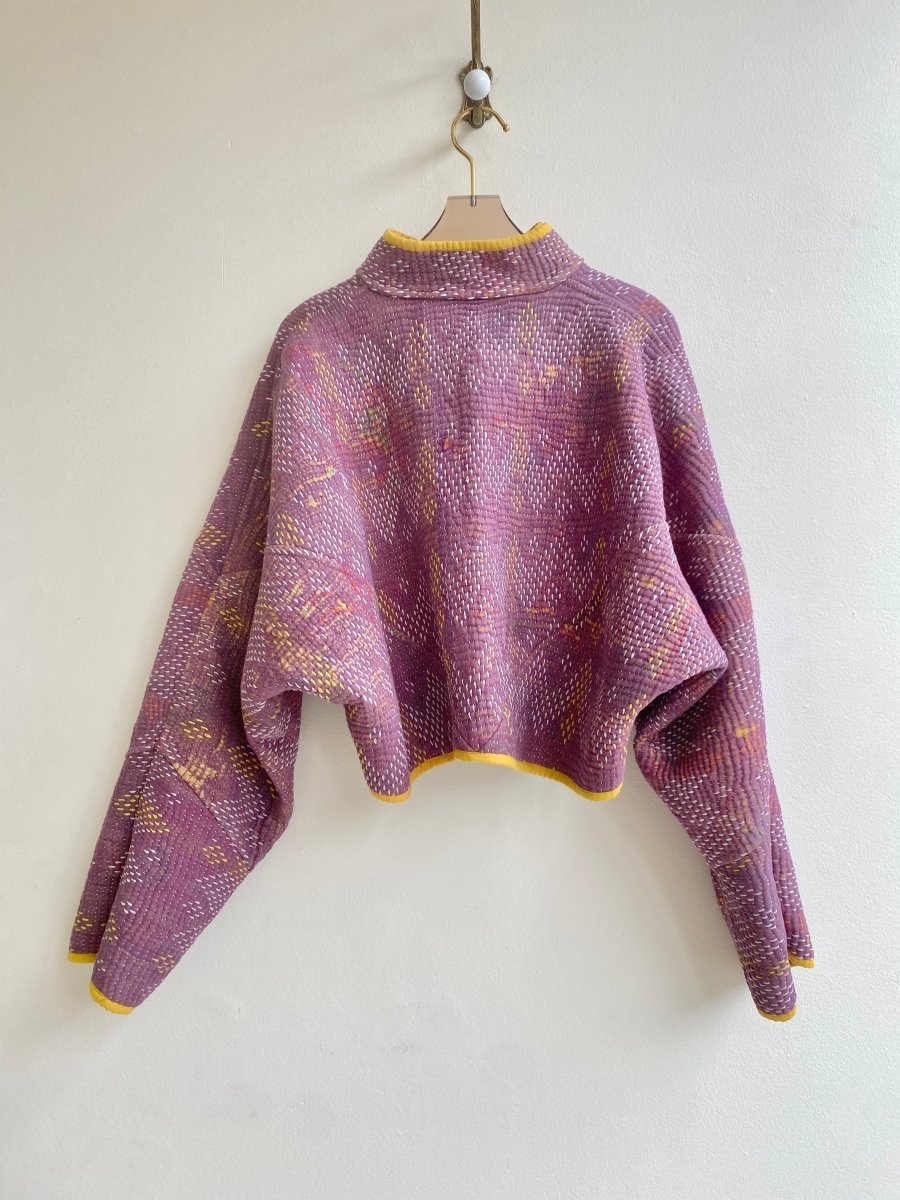 Reversible Kaira Quilted Cropped Jacket in Colors Peach, Pink Patchwork & Purple w/ Mustard Piping - Made X Hudson