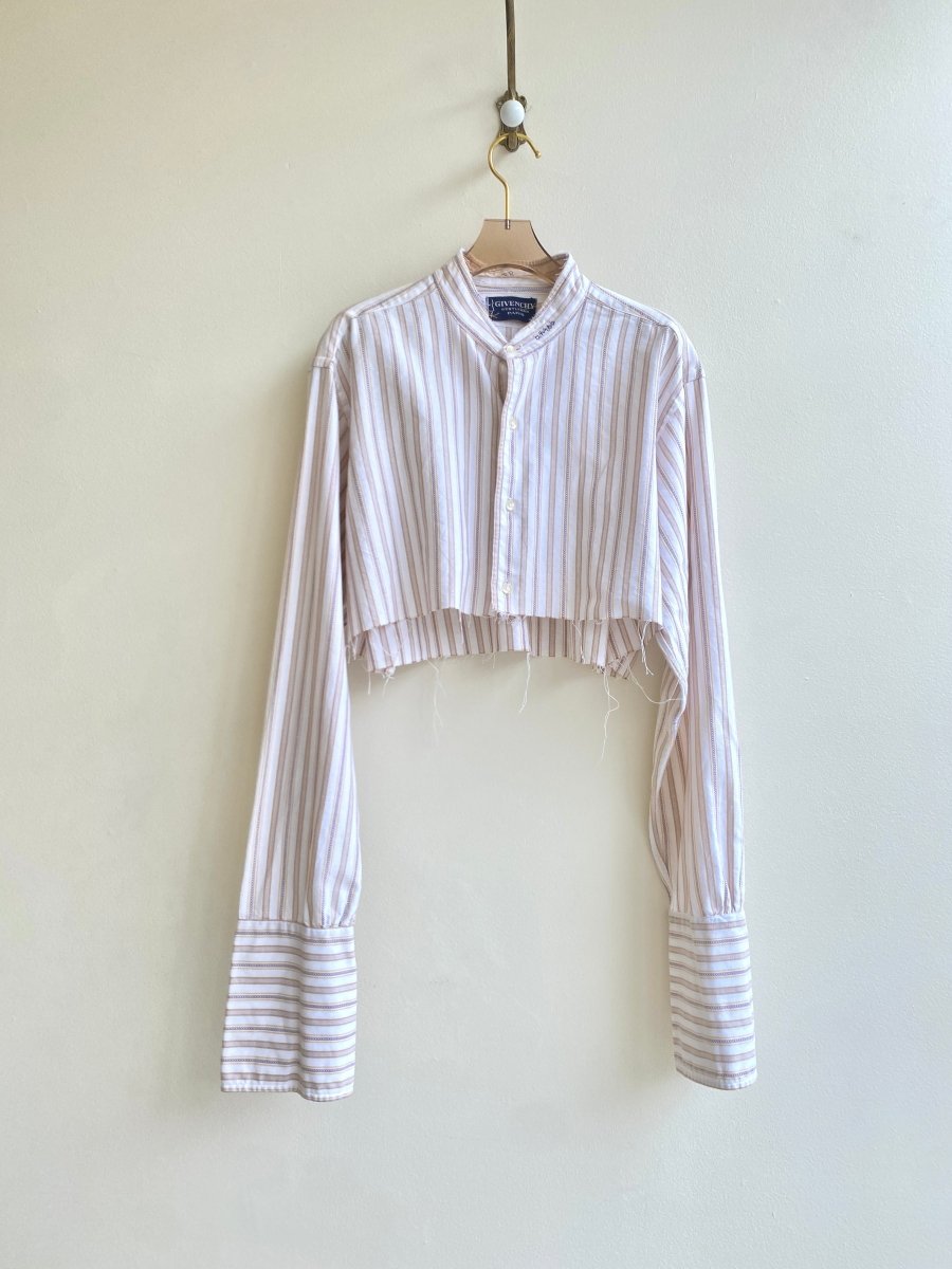 Tan, Blue, & White Annette Button Down Crop Top Hand Embroidered “Je Tàime” (Reworked) - Made X Hudson