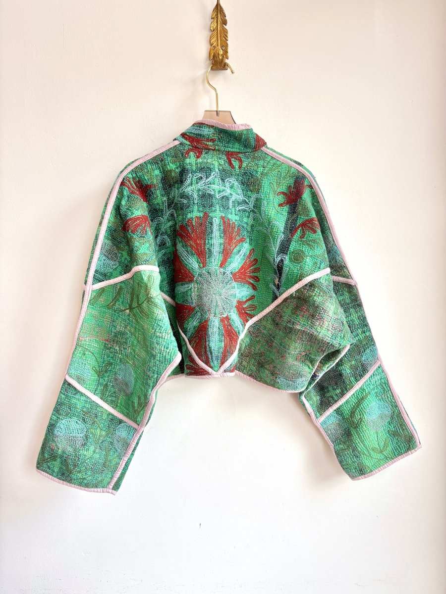Reversible Suzani Quilted Cropped Jacket in Colors Emerald, Forest, Rust, Light Mauve & Olive, Rust, Beige, Light Blue - Made X Hudson