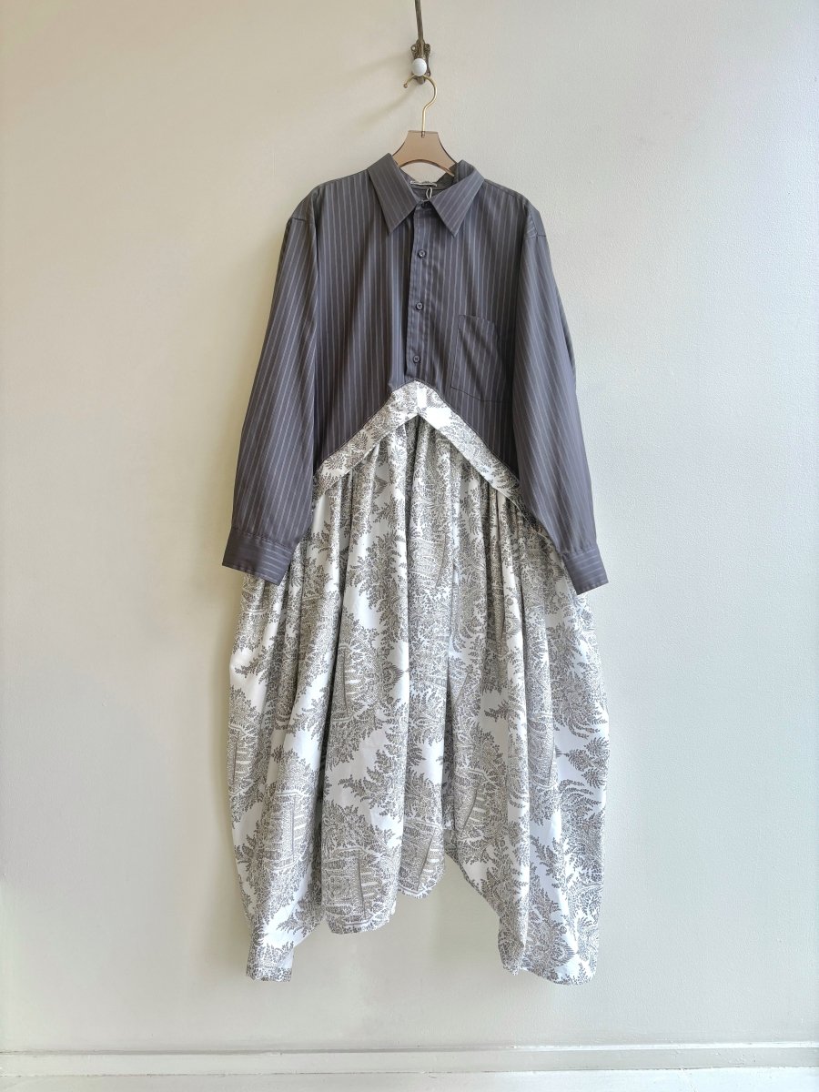 V - Line Shirtwaist Dress in French Lilac Stripe and Grey Paisley (Reworked) - Made X Hudson