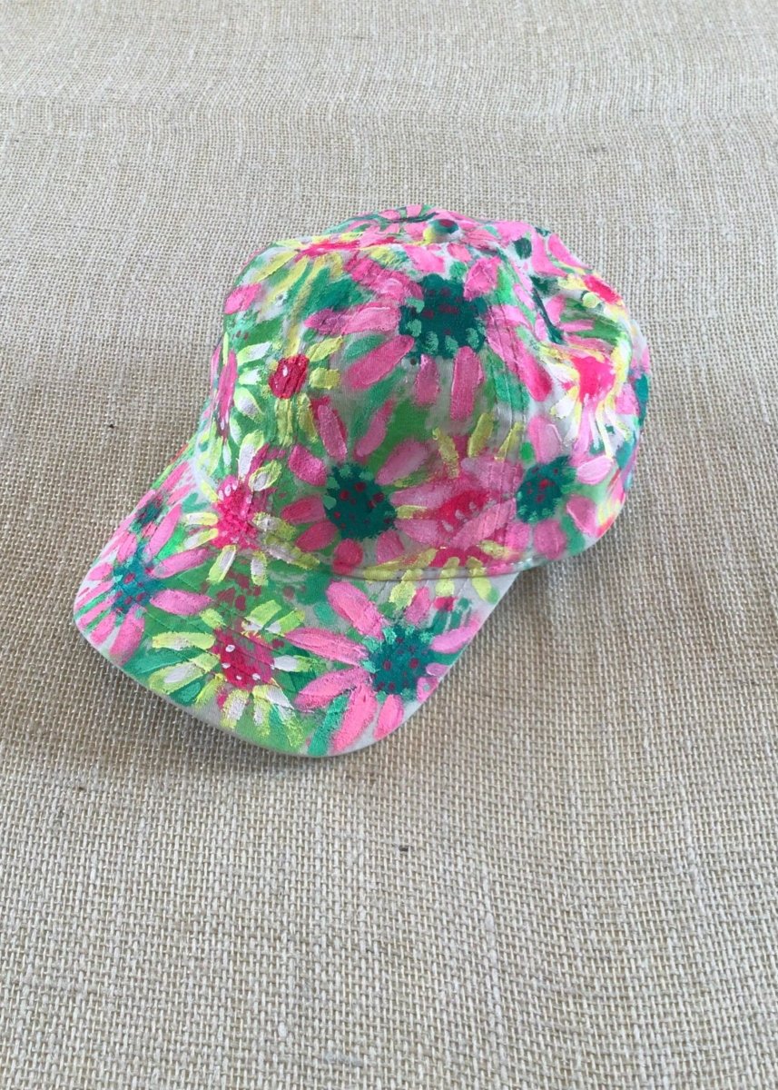 Natural Canvas Hand Painted Neon Pink & Yellow Flowers Baseball Cap - Made X Hudson