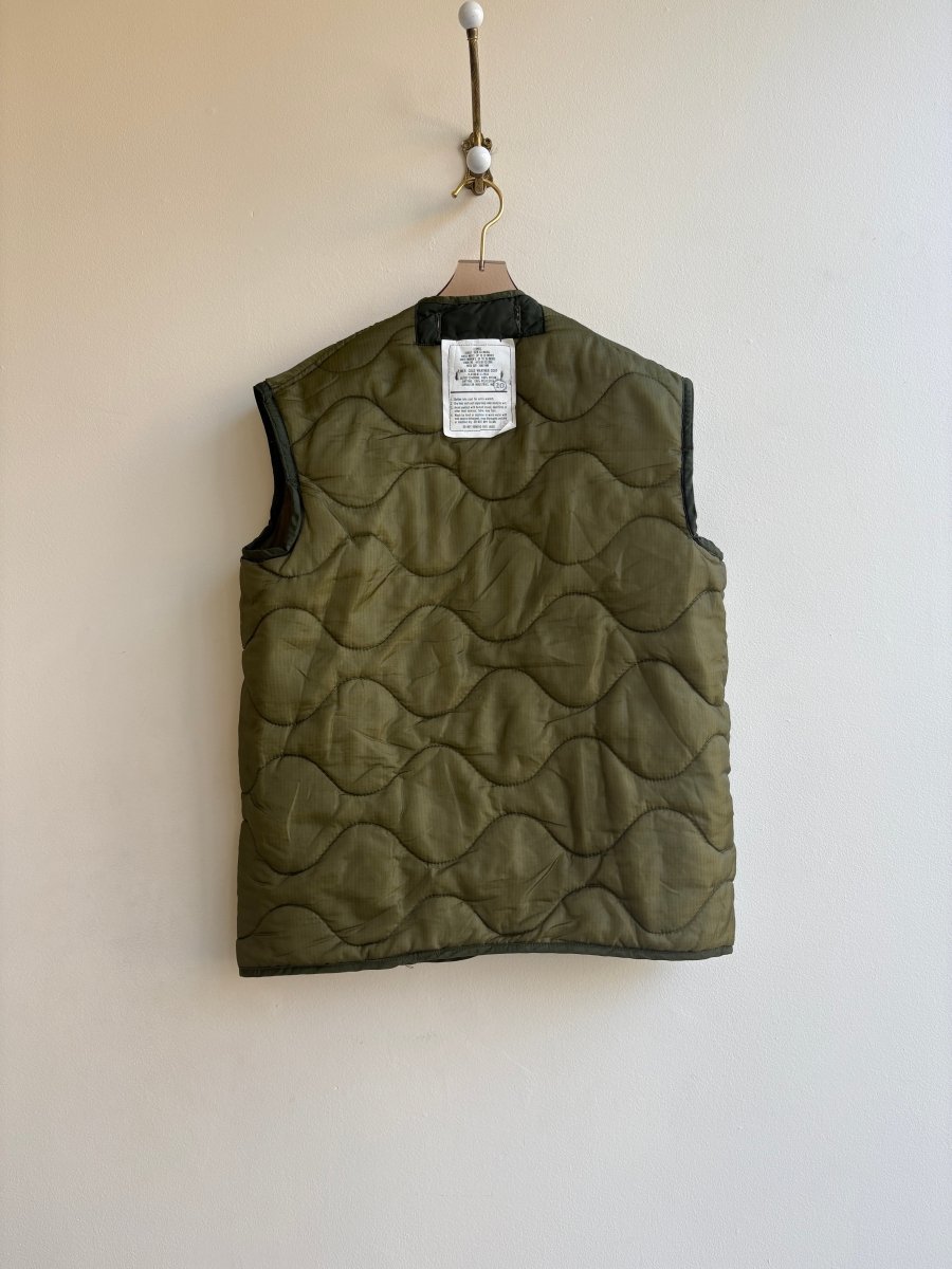 Olive Green Army Liner Quilted Vest w/ Navy Blue Zipper & Pockets (Reworked) - Made X Hudson